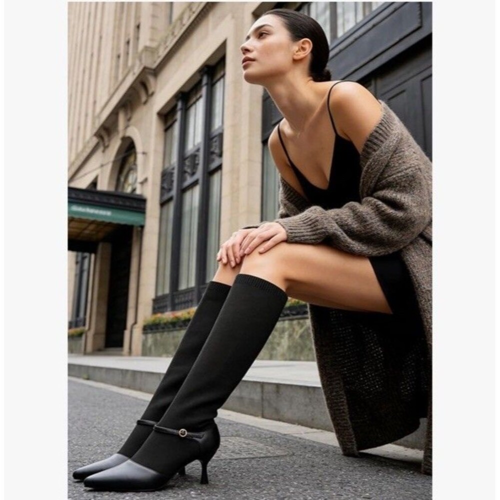 Kitten Heel Knee High Boots for Women Stretchy Knit Sock Booties Knee Sz 6 Black - Picture 10 of 16
